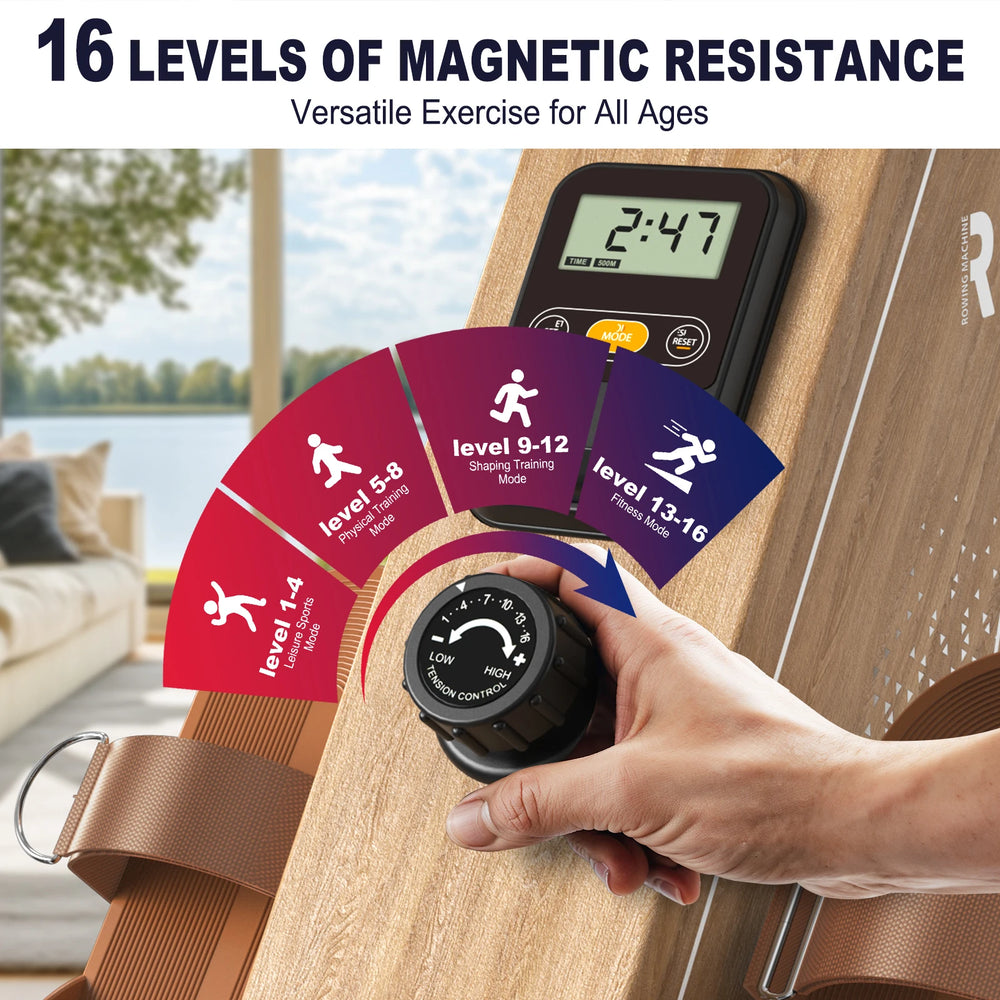 16 niveaux de résistance — du cardio doux au fitness intensif