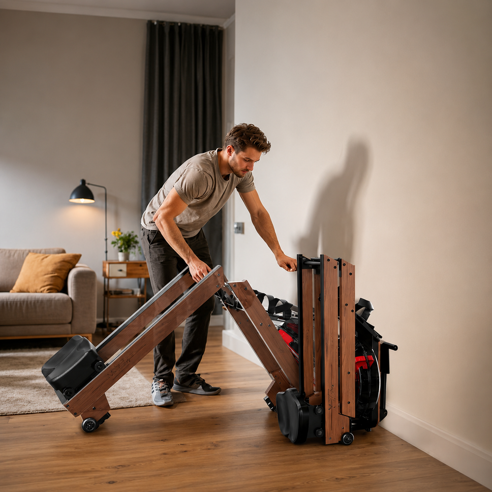 Plié en 0,28 m² — sur roulettes, sans effort