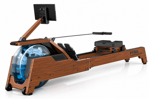 Rameur à eau bois chêne FSC GymBpm Timber S — vue de face, rail 192 cm