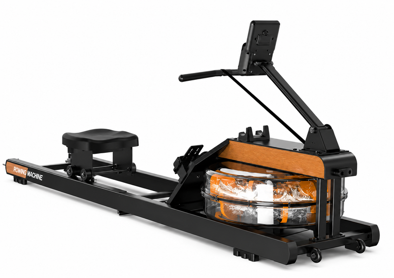 Rameur à eau pliable GymBpm Aqua Pro — vue de face, châssis inox noir mat